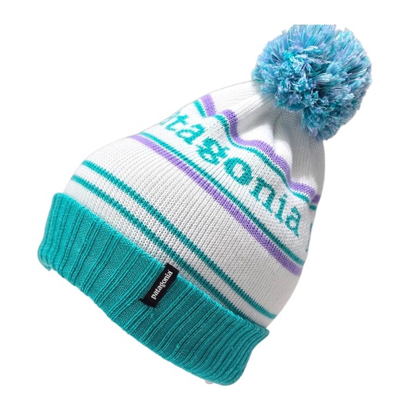 Patagonia Accessories - Patagonia Powder Town Beanie Teal Purple White Striped Pom Pom Knit Hat 29187